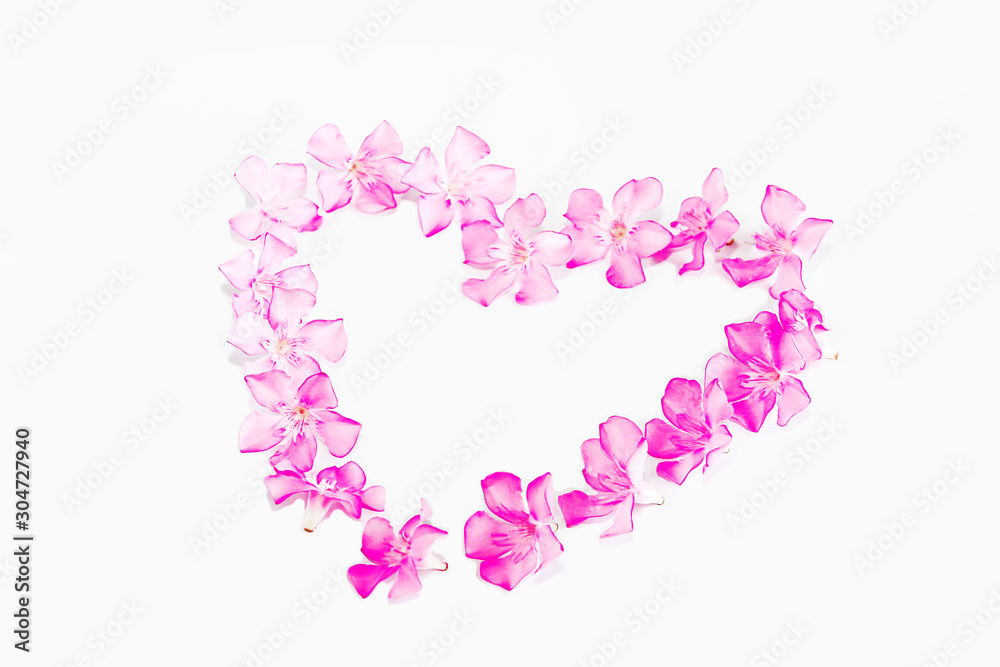 small natural pink oleander flowers in a heart pattern