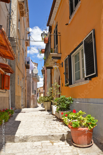 Sepino, Italy, 08/14/2017. A small street among the colorful houses of a village in the Molise region