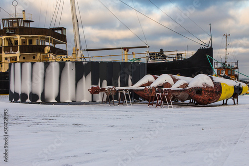 Sea buoys at the Flight Harbor Museum in Tallinn in winter. Estonia photo