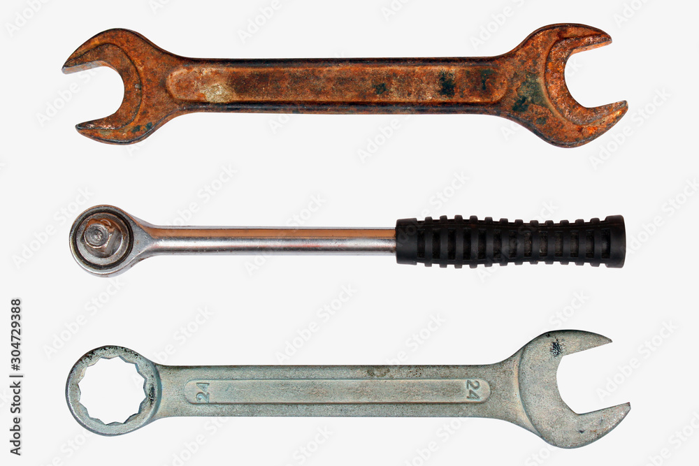 Old spanners and wrench isolated on white background