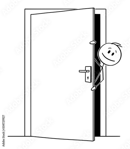Vector cartoon stick figure drawing conceptual illustration of man or businessman peeping out or looking out the slightly open door.