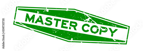Grunge green master copy word hexagon rubber seal stamp on white background