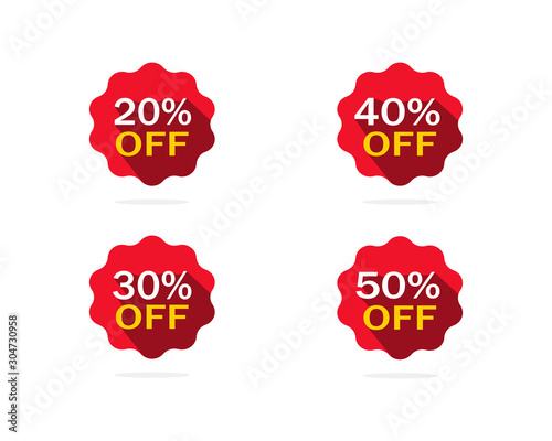 Sale tags set badges template, 20 off, 35 %, 40, 50 percent sale label symbols. Vector discount promotion flat icon with long shadow, clearance sale sticker emblem red rosette.