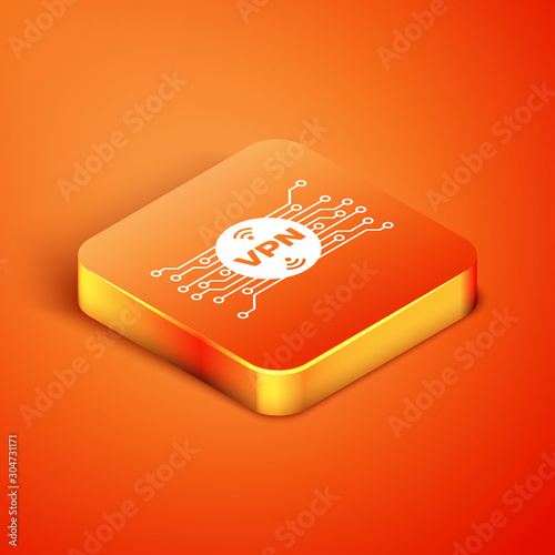 Isometric VPN in circle with microchip circuit icon isolated on orange background. Vector Illustration