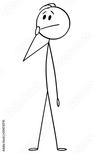 Vector cartoon stick figure drawing conceptual illustration of man or businessman thinking about problem and solution.