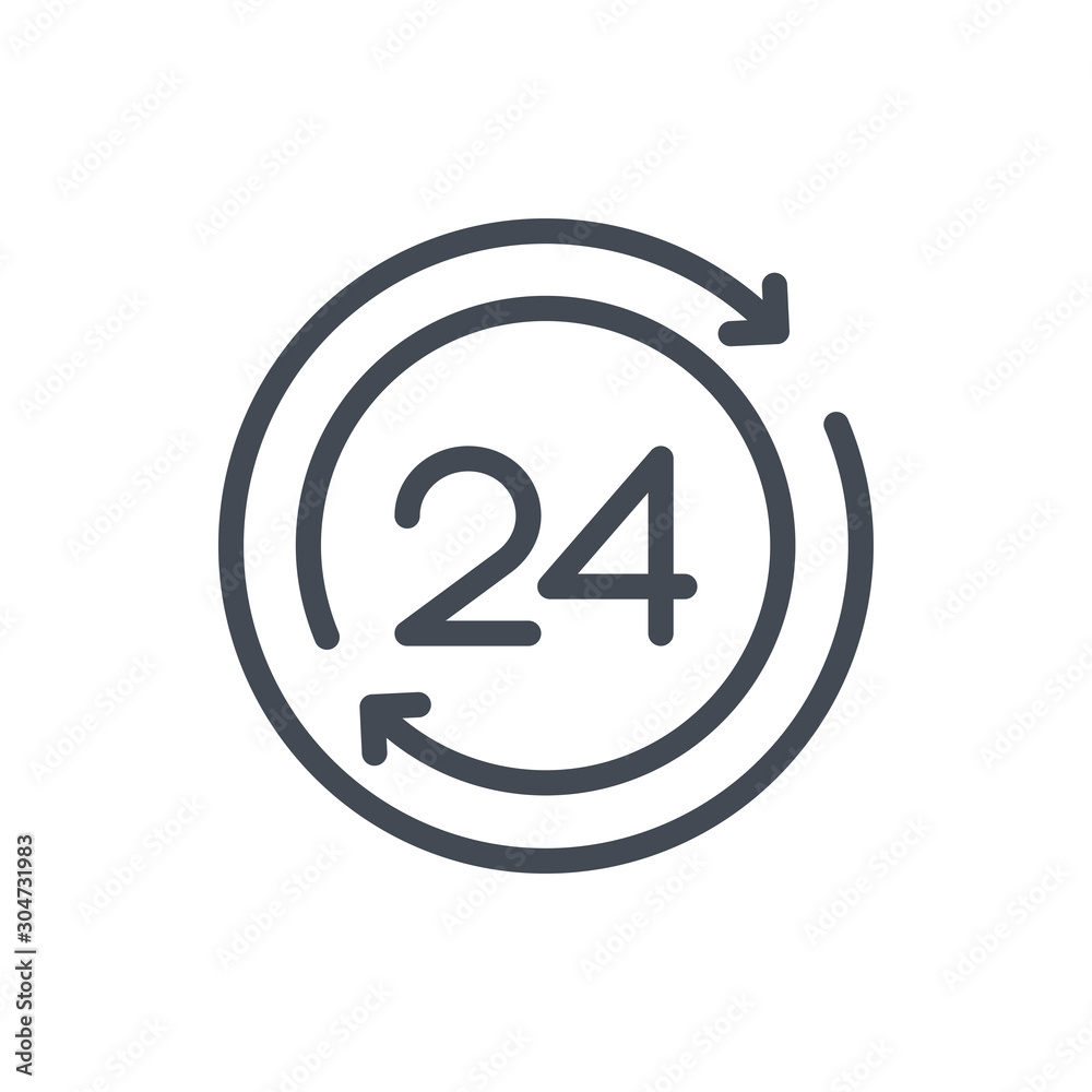 Refresh time line icon. Update clock with 24 vector outline sign. Refresh time line icon. Update clock with 24 vector outline sign.
