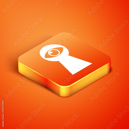Isometric Keyhole with eye icon isolated on orange background. The eye looks into the keyhole. Keyhole eye hole. Vector Illustration