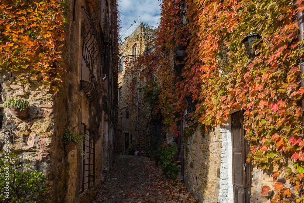 The Italian city of ghost or the city of artists Bussano Viecha. Golden autumn, yellow leaves, blue sky and sun!