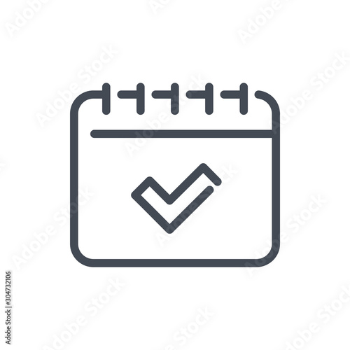 Calendar with check mark line icon. Data reminder with tick vector outline sign.