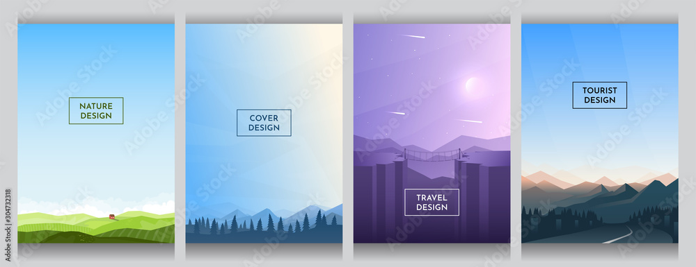 Meadow with alone house, blue alps near trees, violet canyon and hills, mountain and road. Flat abstract background. Cover design. Template layout. Blue sky wallpaper. Gradient minimalist posters - obrazy, fototapety, plakaty 