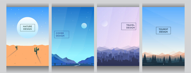 Papier peint photo Pourpre Abstract vector backgrounds set. Sunny desert with cactus, road between mountains, buildings silhouettes and forest with clear blue sky. Cover design. Poster and brochure template. Vertical wallpapers  © VVadi4ka