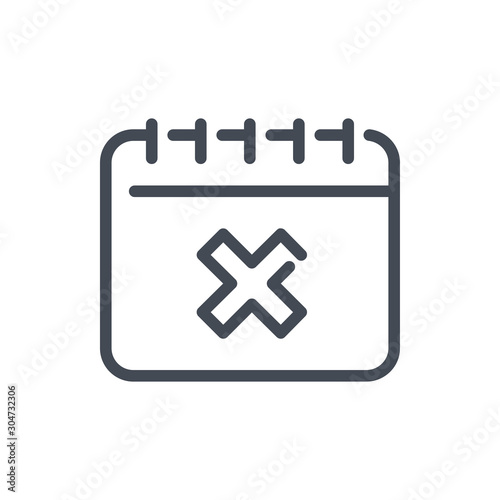 Calendar with decline cross line icon. Data reminder with X vector outline sign.