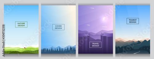 Meadow with alone house, blue alps near trees, violet canyon and hills, mountain and road. Flat abstract background. Cover design. Template layout. Blue sky wallpaper. Gradient minimalist posters
