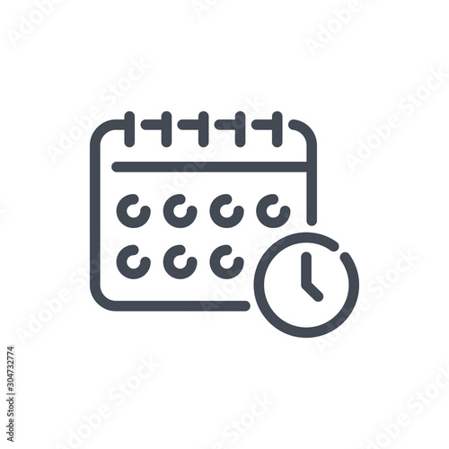 Calendar with clock reminder line icon. Schedule with time vector outline sign.
