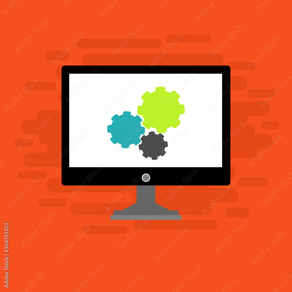 Laptop and gear icon isolated on colored background. Laptop service concept. Adjusting app, setting options, maintenance, repair, fixing. Vector Illustration Laptop and gear icon isolated on colored background. Laptop service concept. Adjusting app, setting options, maintenance, repair, fixing. Vector Illustration