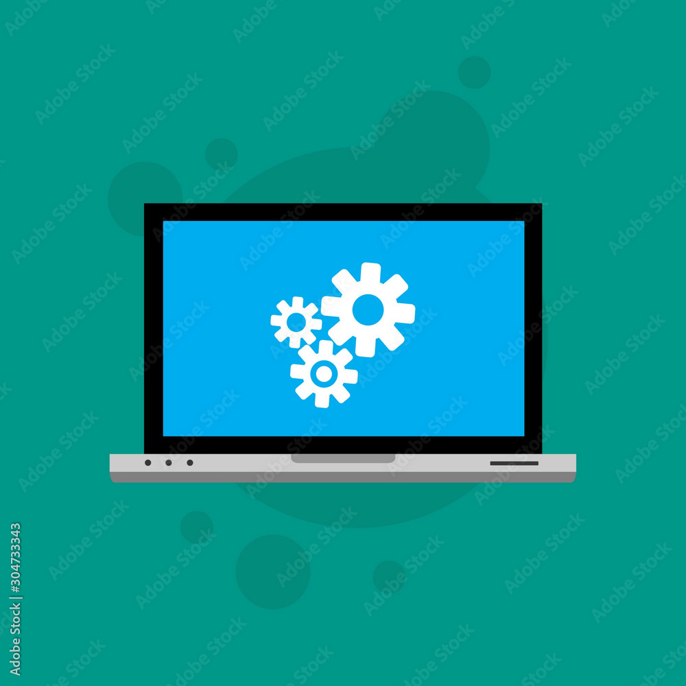 Laptop and gear icon isolated on colored background. Laptop service concept. Adjusting, service, setting, maintenance, repair, fixing. Logo design template element. Vector Illustration