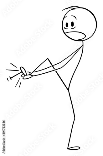 Vector cartoon stick figure drawing conceptual illustration of injured man suffering pain when step on the nail with his foot.