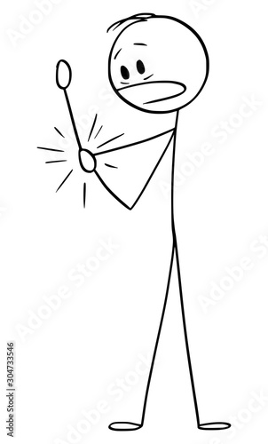 Vector cartoon stick figure drawing conceptual illustration of man suffering pain and holding his injured elbow.