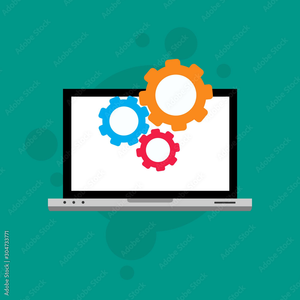 Laptop and gear icon. Laptop service concept. Adjusting app, setting options, maintenance, repair, fixing Vector Illustration Laptop and gear icon. Laptop service concept. Adjusting app, setting options, maintenance, repair, fixing Vector Illustration