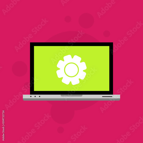 Fototapeta Naklejka Na Ścianę i Meble -  Laptop and gear icon isolated on colored background. Laptop service concept. Adjusting, service, setting, maintenance, repair, fixing. Logo design template element. Vector Illustration
