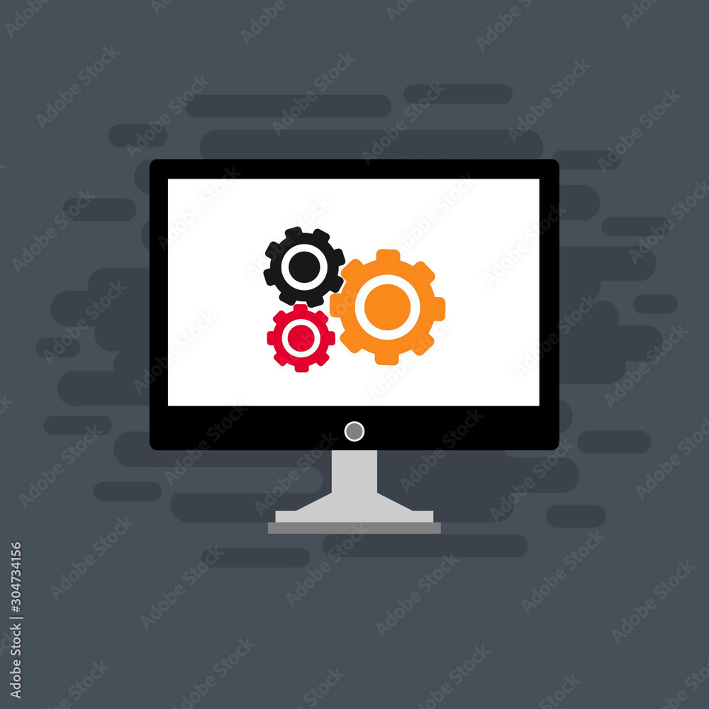 modern Computer monitor and gears. Monitor service concept. Adjusting app, setting options, maintenance, repair, fixing monitor concepts. Set icons colorful. Vector Illustration modern Computer monitor and gears. Monitor service concept. Adjusting app, setting options, maintenance, repair, fixing monitor concepts. Set icons colorful. Vector Illustration