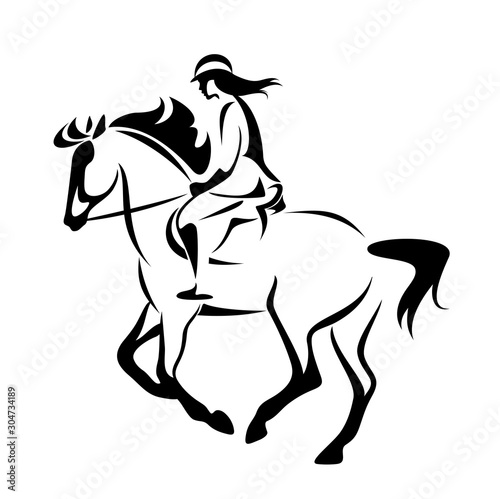 woman riding horse in equine sport competition - black and white vector rider outline