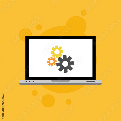 Laptop and gear icon isolated on colored background. Laptop service concept. Adjusting  service  setting  maintenance  repair  fixing. Logo design template element. Vector Illustration