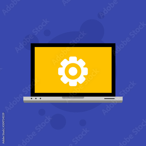 Laptop and gear icon isolated on colored background. Laptop service concept. Adjusting, service, setting, maintenance, repair, fixing. Logo design template element. Vector Illustration