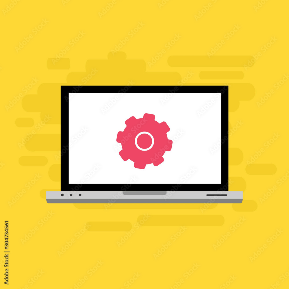 Laptop with gear on screen. Computer repair service, technical support. Flat design. Vector illustration Laptop with gear on screen. Computer repair service, technical support. Flat design. Vector illustration