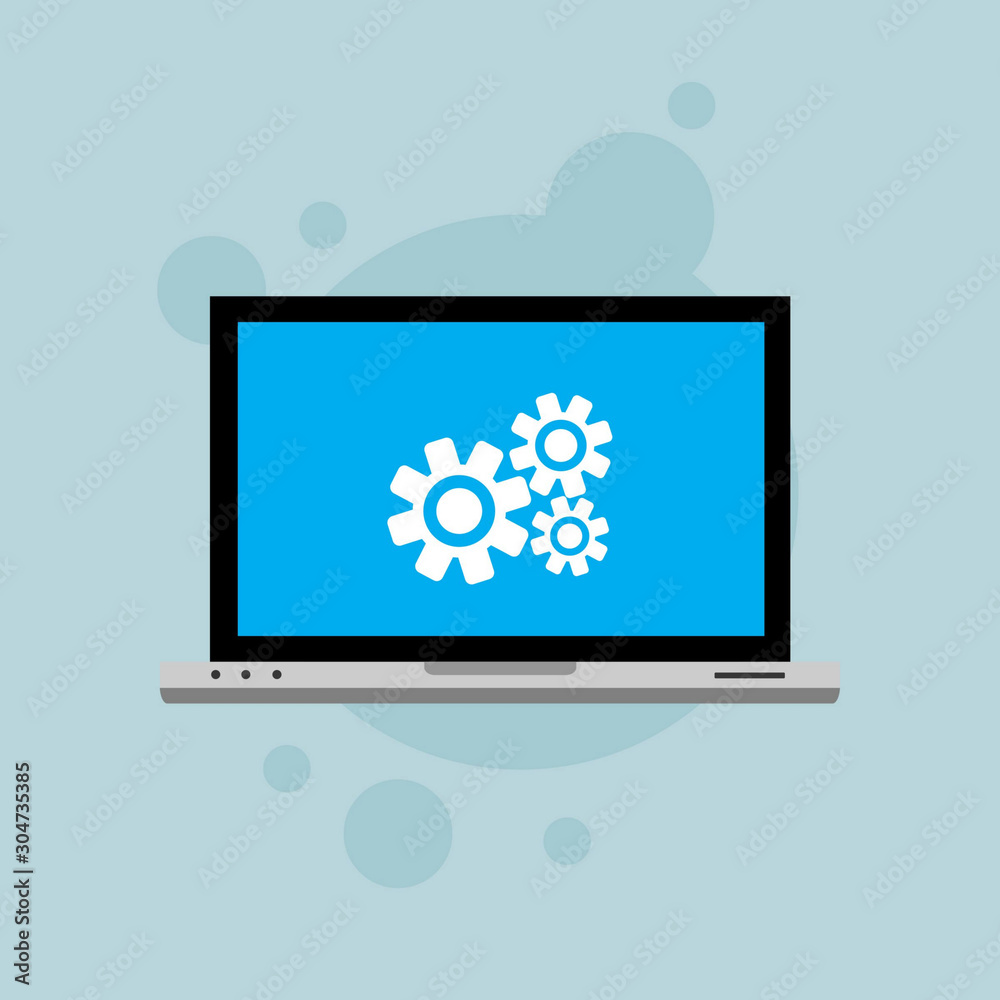 Laptop and gear icon isolated on colored background. Laptop service concept. Adjusting, service, setting, maintenance, repair, fixing. Logo design template element. Vector Illustration