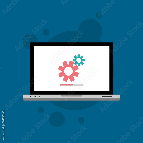 Laptop and gear icon isolated on colored background. Laptop service concept. Adjusting, service, setting, maintenance, repair, fixing. Logo design template element. Vector Illustration