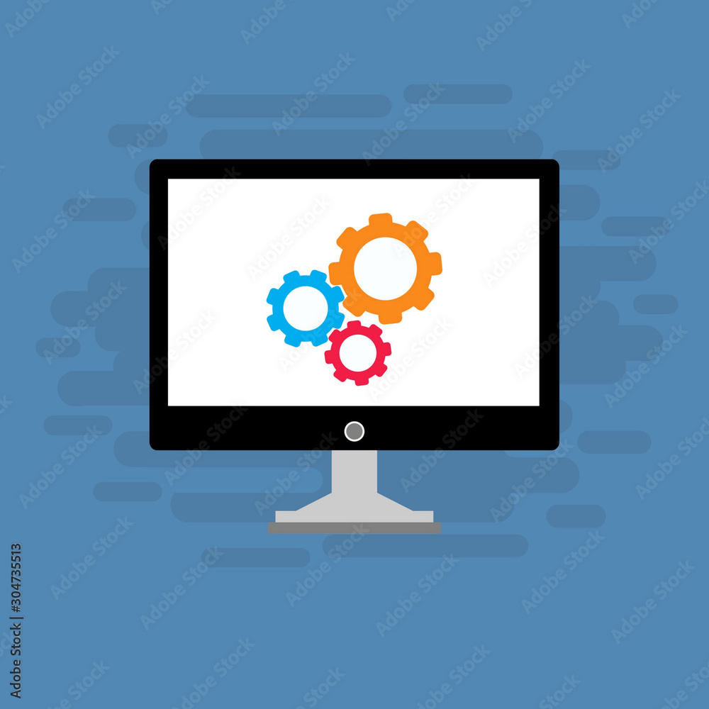 modern Computer monitor and gears. Monitor service concept. Adjusting app, setting options, maintenance, repair, fixing monitor concepts. Set icons colorful. Vector Illustration modern Computer monitor and gears. Monitor service concept. Adjusting app, setting options, maintenance, repair, fixing monitor concepts. Set icons colorful. Vector Illustration