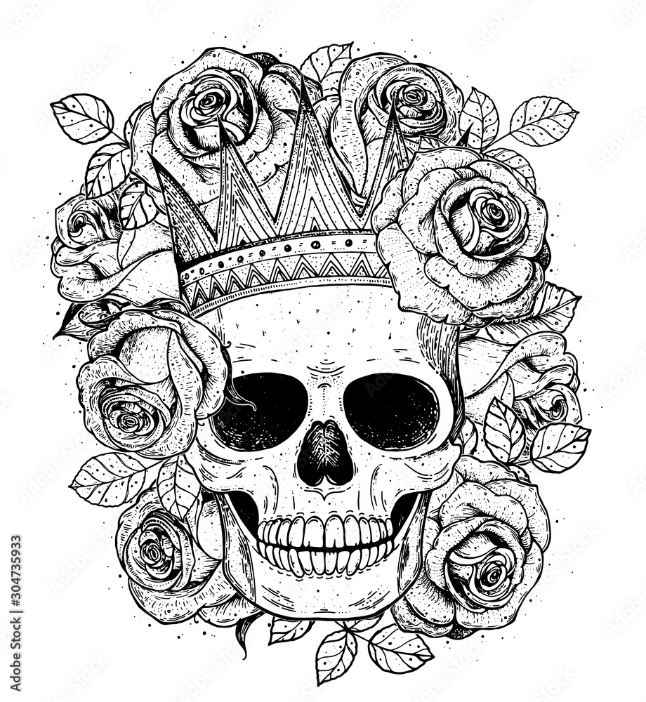 Skull of queen hand drawn illustration. Tattoo vintage print. Crown ...
