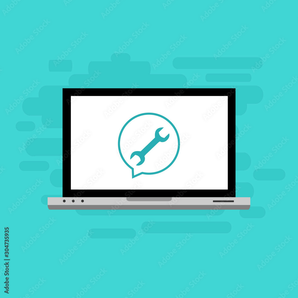 Laptop with gear on screen. Computer repair service, technical support. Flat design. Vector illustration Laptop with gear on screen. Computer repair service, technical support. Flat design. Vector illustration