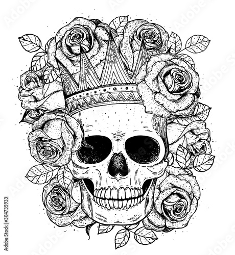 Skull of queen hand drawn illustration. Tattoo vintage print. Crown, roses and skull sketch illustration. Vector print. Crown on the skull