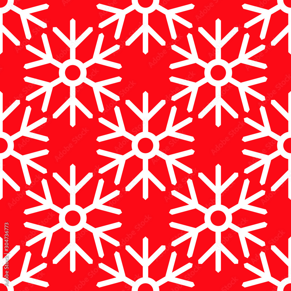 Vector seamless pattern with graphic white cartoon snowflakes on bright red background. Winter season wallpaper in traditional Christmas colors. Vector seamless pattern with graphic white cartoon snowflakes on bright red background. Winter season wallpaper in traditional Christmas colors.