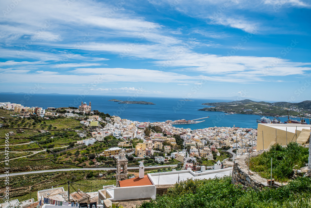 View of Syros port from Ano Syros οn a beautiful day, Cyclades, Greece