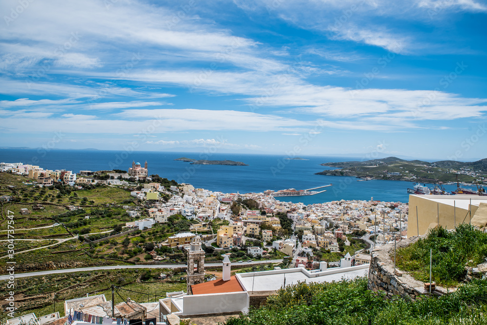 View of Syros port from Ano Syros οn a beautiful day, Cyclades, Greece