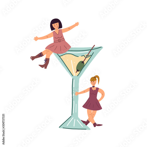A huge glass of vermouth with olive on which one lady in a dress sits and a second woman stands nearby. Fun hand drawn vector illustration on isolated background.