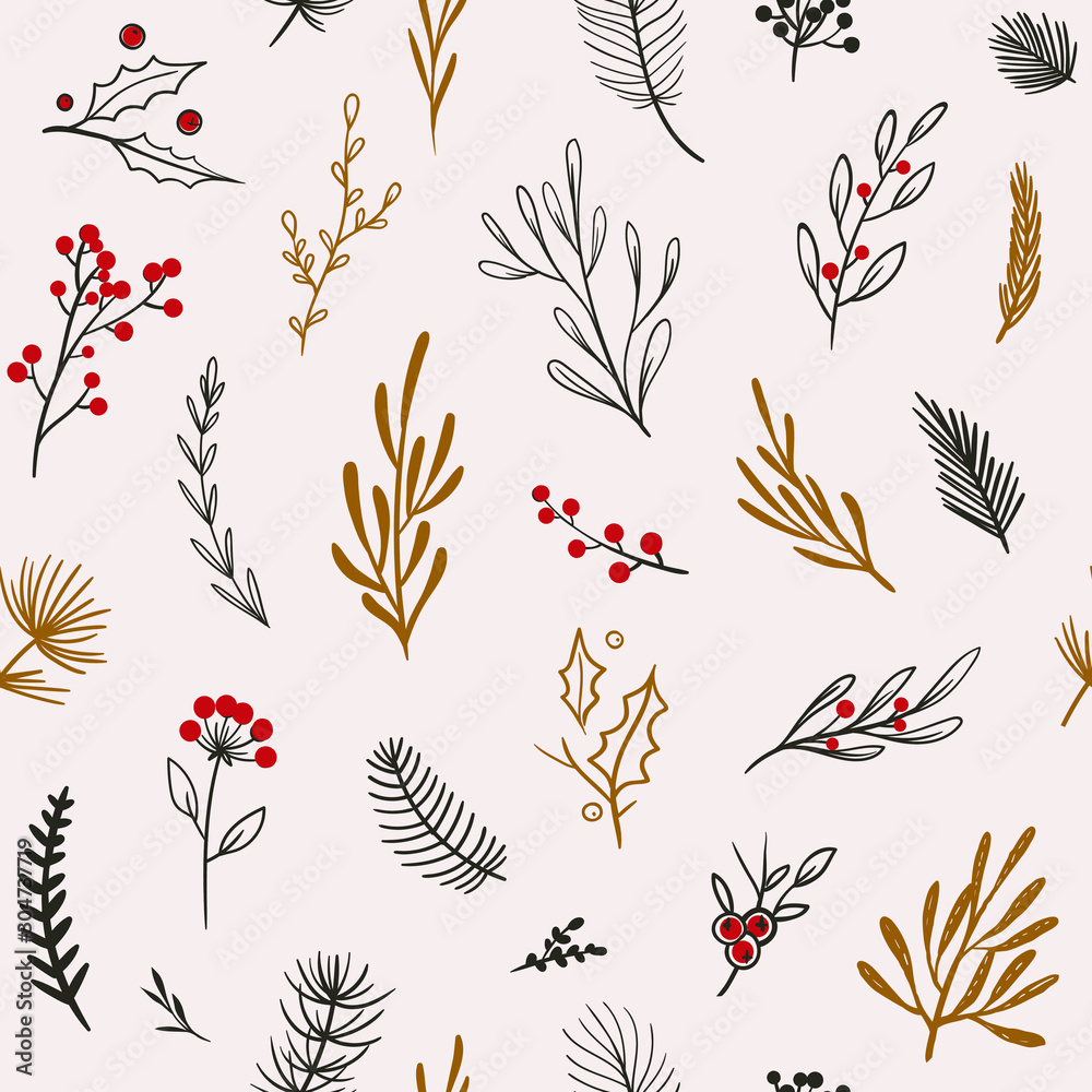 Fototapeta Beautiful winter pattern. Vector seamless pattern with floral elements. Christmas floral pattern with winter berries, leaves and pine branches.