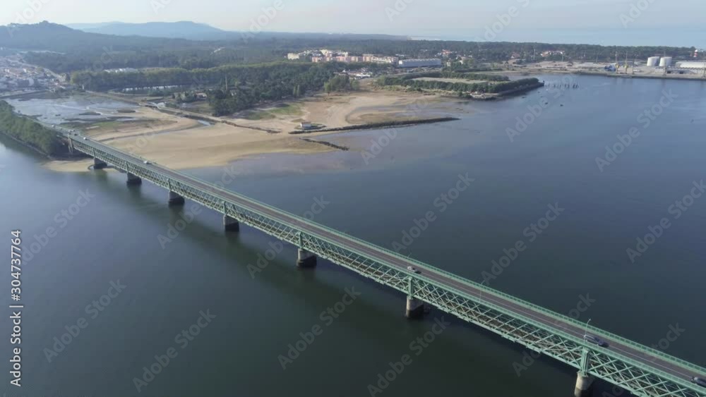 Aerial view of Ponte Eiffel (Eiffel Bridge) over Lima river in Viana Do Castelo, Portugal