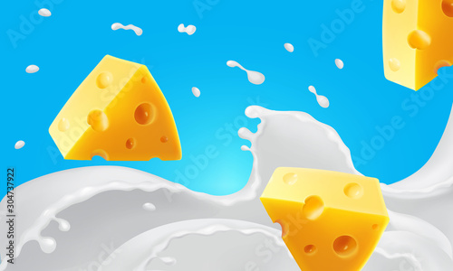 Triangle pieces of cheese in splashing milk realistic vector illustration icon