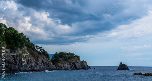 Summer morning view of Mediterranean sea, Italy. Wonderful bay in Liguria, Italy, Europe.
