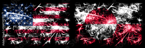 United States of America, USA vs Greenland New Year celebration sparkling fireworks flags concept background. Combination of two abstract states flags. © Vlad