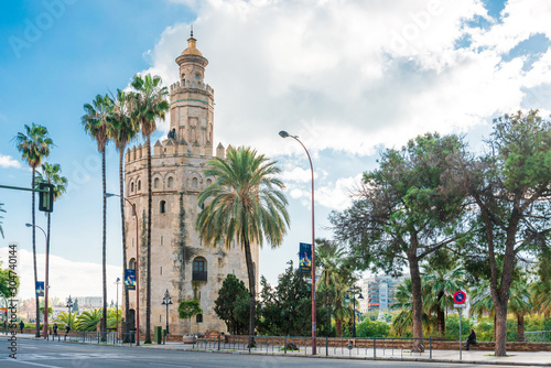 SEVILLA, SPAIN - January 13, 2018: Tower of Gold (Torre del Oro) is a dodecagonal military watchtower in Seville, Spain