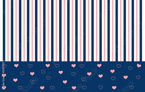 Abstract split pattern: one third with little pink hearts, some full color some outlined scattered against a blue background and two thirds with vertical blue and pink stripes against white background