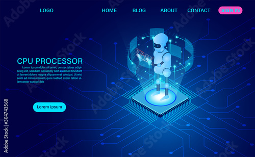 artificial intelligence robot technology. big data processing, CPU processor isometric banner. isometric vector dark neon