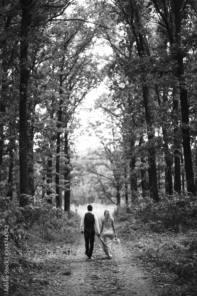 Obraz premium Black and white foto the newlyweds walk hand in hand along the path in the forest. Back view. Bride and groom enjoying romantic moment together on wedding day. The concept of youth, love and lifestyle