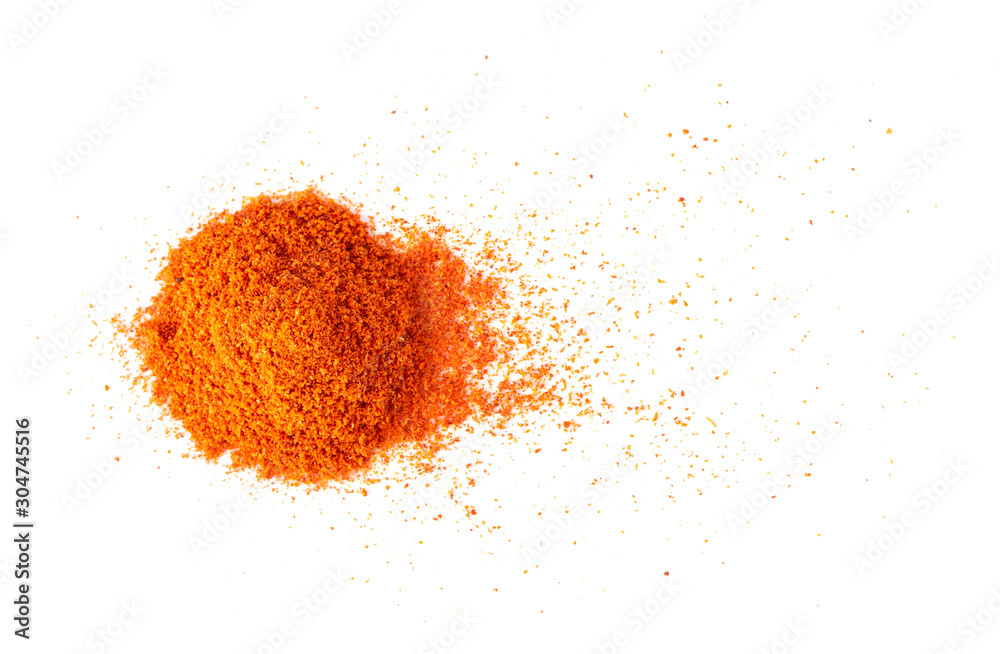 Pile of red paprika powder isolated on white background. top view Pile of red paprika powder isolated on white background. top view