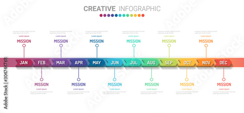 Timeline for 1 year, 12 months, infographics month planner design vector 12 steps and Presentation business can be used for Business concept with 12 options.